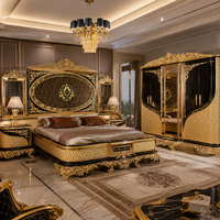 Ensemble de Meubles de Chambre Royal Sculpté à la Main, Style Turc Moyen-Oriental de Luxe Antique, Cinq Pièces, Noir et Or, Africain Américain