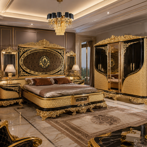Ensemble de Meubles de Chambre Royal Sculpté à la Main, Style Turc Moyen-Oriental de Luxe Antique, Cinq Pièces, Noir et Or, Africain Américain - Product Image 2