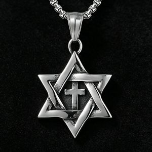 yunnique Men's Titanium Steel Six Pointed Star <b>Cross</b> Pendant Necklace Geometric Design Gift Jewelry - Product Image 4