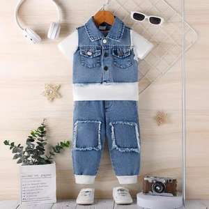 Fabricante de ropa Ropa para recién nacidos Verano Niños Camiseta blanca Chaqueta de mezclilla Pantalones Conjuntos de ropa de 3 piezas - Product Image 1
