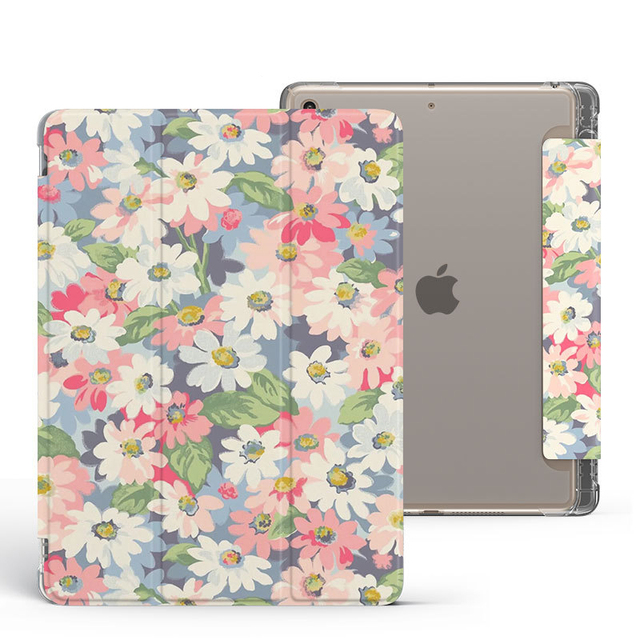 Flower Pattern Printing Fold Flip PU Leather Tablet Case for iPad 10.2 With Push Pencil Slot Clear Back Cover for iPad 10 10.9