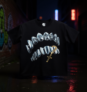 T-shirt Boxy da Uomo con Grafica Grillz Cross Chain, Oversize Streetwear Y2K, Manica Corta, 100% Cotone Jersey, Stampa Logo Frontale - Product Image 2