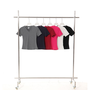 T-<span class=keywords><strong>shirt</strong></span> <span class=keywords><strong>basique</strong></span> d'été pour <span class=keywords><strong>femme</strong></span> RUICHI, col en V, en fil de spandex, manches courtes, couleur unie, coupe ajustée - Product Image 3