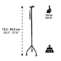 Bastón Cuádruple, Bastón de 3 Patas para Personas Mayores y Adultos, Altura Ajustable, Tubos de Aluminio y Acero Negros PEPE P10047