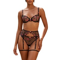 Ensemble de lingerie féminine sexy de style français léger 2026, avec soutien-gorge en maille et broderie florale, bretelles ajustables, style européen/américain