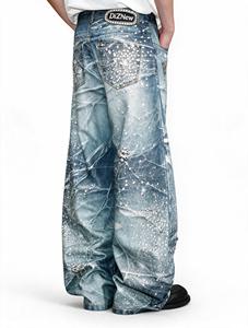 DIZNEW Printed Jeans Light Blue Wide Leg Balloon Ice Crack Ripple Gradient White Splash Rhinestone DIZNEW Hem Label Custom OEM - Product Image 3