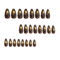 Faux ongles à presser en PMMA, forme amande, brun foncé, motif œil de chat et pois blancs, avec points peints à la main, style French, pour automne-hiver