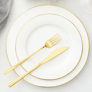 Desain Decal dapat disesuaikan piring pengisi daya putih dan emas bulat piring datar tulang Tiongkok kualitas tinggi dengan pelek emas UNTUK RESTORAN