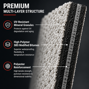 Moderne, flach auftragsbare SBS/APP <span class=keywords><strong>Bitumen</strong></span>-Asphalt-Abdichtungsbahn mit Polyesterverstärkung für wasserdichte Flachdächer - Product Image 1