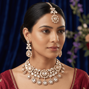 Kundan <b>Choker</b> Necklace Set With Maang Tikka Earrings <b>For</b> <b>Women</b> Traditional Partywear Jewellery Moissanite Brass Rose Gold Plated - Product Image 3