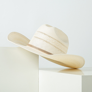 <span class=keywords><strong>Sombrero</strong></span> <span class=keywords><strong>de</strong></span> <span class=keywords><strong>Vaquero</strong></span> Occidental Personalizado Vintage <span class=keywords><strong>de</strong></span> Paja Bangora Marrón con <span class=keywords><strong>Frente</strong></span> Plegado y Diseño Trenzado, Estilo Cattleman, Color Marfil - Product Image 4