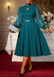 Vestidos de Noche Formales de Talla Grande para Mujer, Casuales, con Cuello Alto, Manga Farol de Gasa, con Cinturón de Pedrería - Product Image 3
