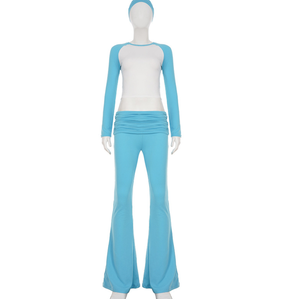 G00768C 2025 Automne Femmes Sporty 3 Piece Set Casual Patchwork O-Neck Full Sleeve Crop Top + Headband + Flare Pants Match Tracksuits - Product Image 2