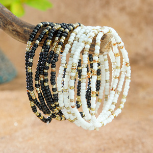 <b>Beaded</b> <b>Bracelets</b> Black White Acrylic Resin Bohemia Style Elastic Unisex Fashion Jewelry Set - Product Image 1