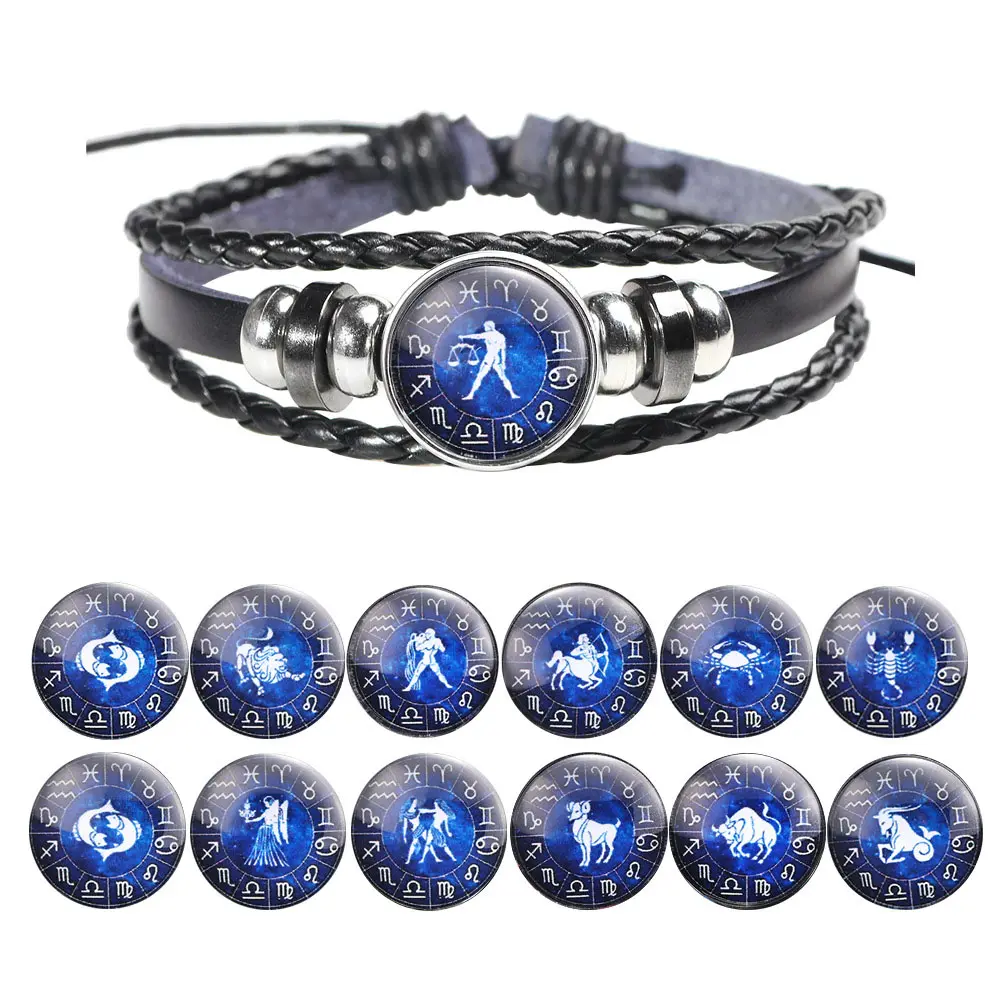 Promotional Gift Adjustable Black Rope Braided Leather Bracelet Women Men Jewelry 12 Star Signs Zodiac Sign Bracelet