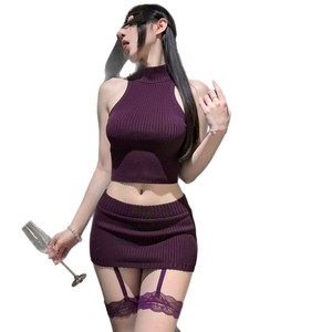 Conjunto de Lencería Sexy Manyu: Suéter Morado con Aberturas y Cuello Alto y Falda Ajustada Sexy (9665) - Product Image 3
