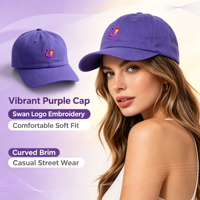 Casquette de baseball décontractée en coton lavé violet non structurée avec broderie mignonne cygne et crème glacée, style vintage, pour le quotidien, les voyages et les activités de plein air