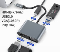 Hub USB-C 4-en-1 PD 100 W, adaptateur HDMI 4K VGA USB 3.0, chargeur rapide, station d'accueil USB-C en alliage d'aluminium pour ordinateur portable PC