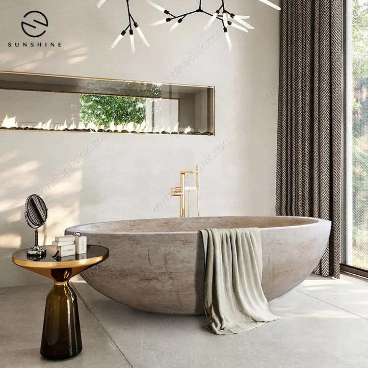 Luxury Hotel Bathroom Genuine Travertine Stone Freestanding Soaking Bathtub For Adults