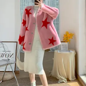 Sweet Girl's Fashion Cardigan Pink Color Star Pattern Design Single-Breasted Long Sleeve Pure Wool Coat