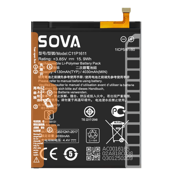 SOVA Original Wholesale L3 3.8v 2500mah Mobile Phone Battery for Asus Zenfone 3 C11P1611 ZC520TL