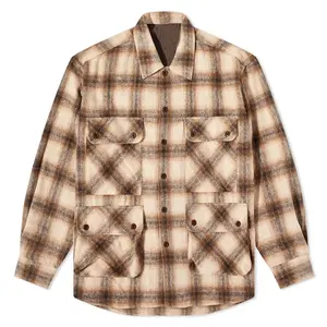 Flannel Fleece Fabric Shirts Plaid Square Design Double Layers Full Buttons Multi-pockets Butt Length Shirt