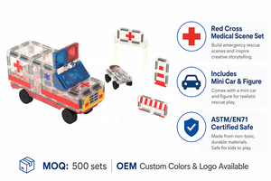 Set di Costruzioni Magnetiche Ambulanza da 30 Pezzi con Barella e Paziente, Giocattolo STEM Stampato UV per Bambini, Vendita <span class=keywords><strong>all</strong></span>'Ingrosso OEM Personalizzabile - Product Image 2