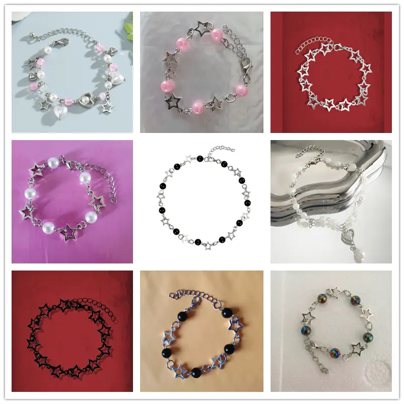 Rinhoo Harajuku Crystal Star Pentagram Pearl Beaded Bracelet for Women Vintage Aesthetic Charm Chain Bracelet Jewelry Gifts