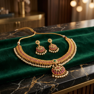 Premium Matt Gold Temple <b>Necklace</b> Set with <b>Ruby</b> Stones Pearl Drops Traditional Bridal Party Wear Jewellery for Women Set - Product Image 2