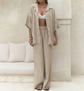 Conjunto de algodón 100% para mujer, venta al por mayor, pantalones casuales holgados de manga corta de alta calidad, conjunto de dos piezas para mujer, primavera - Product Image 3