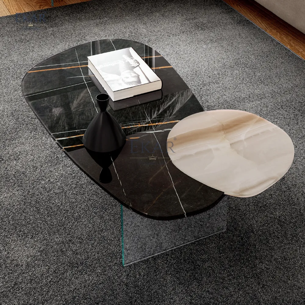 Juego de mesa de centro de mármol moderno irregular de nuevo diseño-combinación elegante de vidrio y mármol para espacios habitables mesa de centro de vidrio