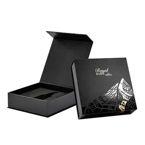 Square Shape Rigid Cardboard Magnetic Closure Black and Gold Luxury Packaging Paper Gift Box With Custom Logo