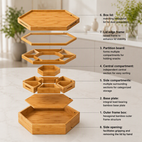 Plateau de service hexagonal en bambou multi-compartiments avec couvercle, idéal pour la conservation des aliments et les réceptions à domicile