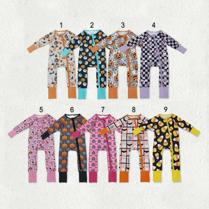 Vente en gros de pyjamas pour bébés, filles et garçons, imprimé chauve-souris d'Halloween, manches longues, combinaison à fermeture éclair, vêtements d'automne - Product Image 6
