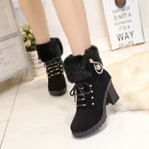 Bottines tendance en fausse fourrure Xuanhui, talon haut, lacets, fermeture éclair latérale, bottes d'hiver pour femmes, bottes de neige pour femmes - Product Image 4