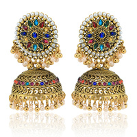 Usine en gros à la mode plaqué or cristal strass fleur émail cage à oiseaux perles gland indien Jhumka boucles d'oreilles