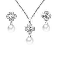 Parure de bijoux de luxe imitation perles, collier et boucles d'oreilles tendance en zircon en forme de croix et de fleur, cadeau pour femme, idéal pour mariage
