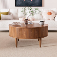 Table basse ronde moderne en bois à lattes, finition noyer, pour grossistes en meubles, commande en gros, OEM, ODM