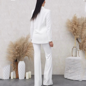 Ensemble deux pièces pour femme, veste <span class=keywords><strong>blazer</strong></span> blanche à plis vintage décontractée élégante avec perles, pantalon large à jambes larges - Product Image 3