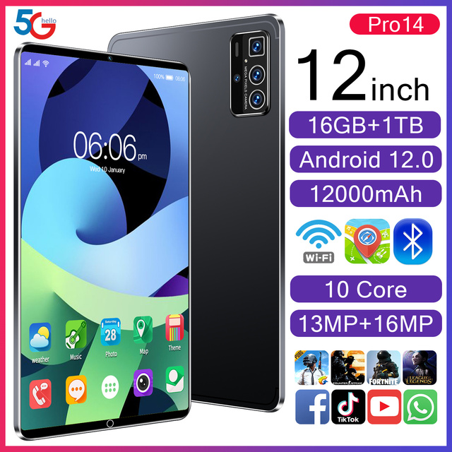 Pro14 12-Inch Octa Core Android Tablet PC with 4G Network 16GB Memory Capacitive Front Phone HD Display Resolution