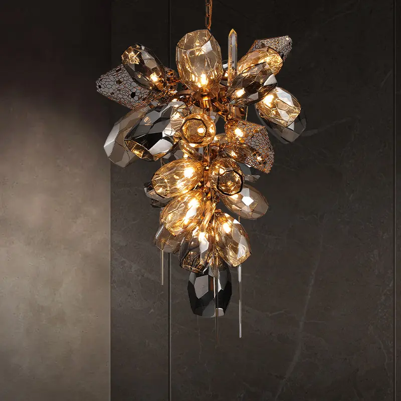 Lustre de cristal de vidro Murano de luxo decorativo europeu grande dourado para escadas de hotel, lustre moderno soprado