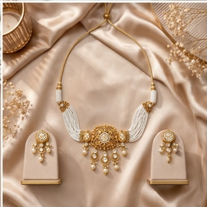 Classic 24K Gold Pearl Necklace <b>Set</b> With Matching Earrings Geometric Design <b>Bridal</b> <b>Jewelry</b> For Women - Product Image 1