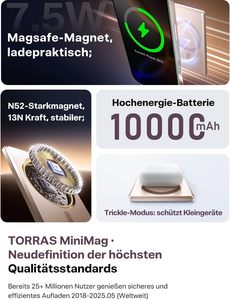 Banque d'alimentation TORRAS MiniMag pour 10000 mAh, charge rapide 22,5 W, magnétique, mince, sans fil, batterie polymère au lithium, modèle PB4A - Product Image 6
