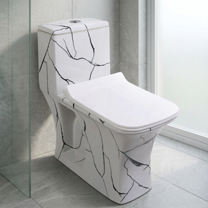 WC monobloc de luxe en céramique imprimé marbre, noir et or, à poser au sol, avec siphon en S - Product Image 1