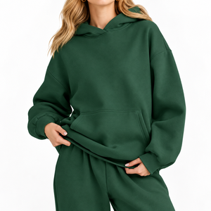 Sudadera con Capucha Oversize de Punto para Mujer, Verde Sólido, 100% Algodón Felpa, Transpirable, Largo Regular, Manga Larga, Diseño con Bolsillos Delanteros, Invierno - Product Image 1