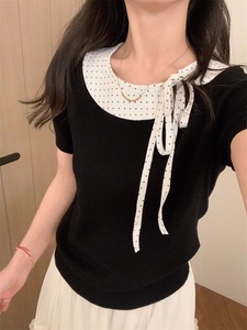 Chemisier en dentelle à manches courtes pour <span class=keywords><strong>femme</strong></span>, style vintage, col rond uni, avec nœud sur le devant, chemise décontractée d'été, haut tissé respirant pour <span class=keywords><strong>femme</strong></span> - Product Image 4
