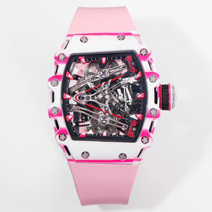 Reloj Mecánico de Lujo Estilo RM de Primera Calidad para Hombre, Caja con Degradado Blanco y Rosa, Movimiento Visible, Correa Rosa, Reloj de Pulsera Deportivo de Lujo - Product Image 1