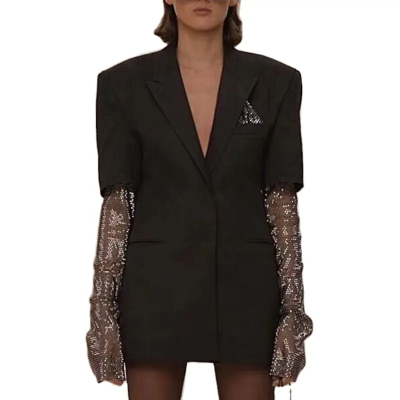 British style temperament hot beads mesh stitching long-sleeved small suit jacket women