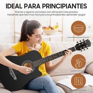 Guitarra Acústica Folk de 38 Pulgadas con Acabado Negro Mate y Accesorios para Principiantes - Product Image 4