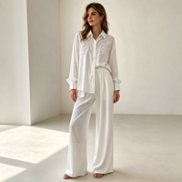 Ensemble 2 pièces décontracté pour femme, aspect lin, avec chemise à manches longues à col brodé en dentelle et pantalon ample à taille élastique et jambes larges